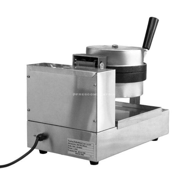 The Gelato Panini Press Ice Cream Burger Sandwich Machine FNP597 features a stainless steel build, round waffle iron, attached power cord, and side tray—perfect for making creative treats like ice cream burgers. Photographed on a white background.