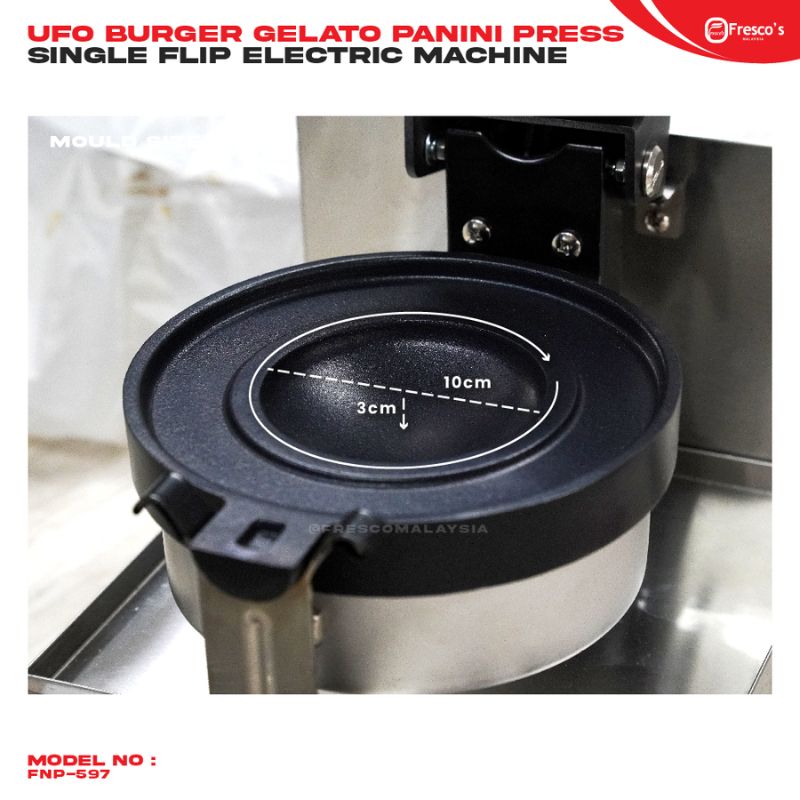 Close-up of the Gelato Panini Press Ice Cream Burger Sandwich Machine FNP597 featuring a 10cm diameter circular heating plate with labeled measurements, ideal for making ice cream burgers. Model number FNP597 is displayed at the bottom.
