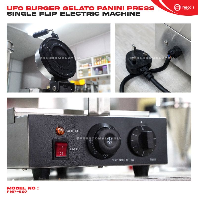 Collage showing the Gelato Panini Press Ice Cream Burger Sandwich Machine FNP597, with press plate, power cord, and control panel featuring power switch, temperature setting, and timer.