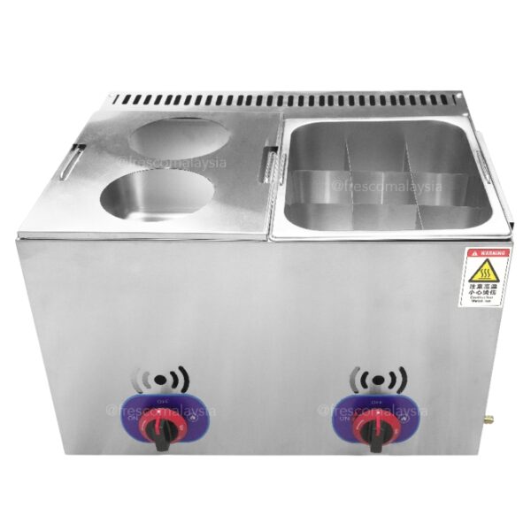 The Oden Noodle Boiler Gas Machine FR-2M-15 features dual control knobs, two covered round compartments, and three open rectangular trays—efficient stainless steel design for any commercial kitchen.