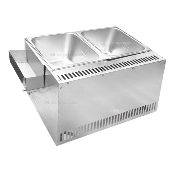 The Oden Noodle Boiler Gas Machine FR-2M-15 is a stainless steel double-basin food warmer with a side tray, designed for efficient hot food holding and serving.