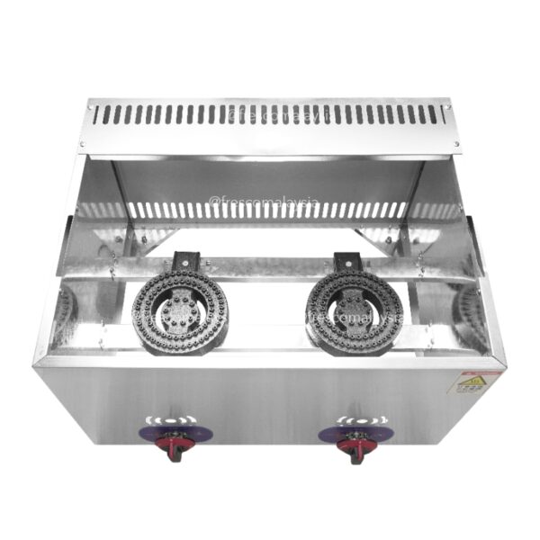 The Oden Noodle Boiler Gas Machine FR-2M-15 is a stainless steel double-burner unit with control knobs and ventilation slots, viewed from above—perfect for Oden noodle setups.
