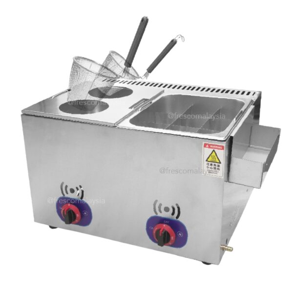 Oden Noodle Boiler Gas Machine FR-2M-15 with stainless steel body, two baskets, control knobs, and warning label—ideal for commercial kitchens or as a companion to a deep fryer.