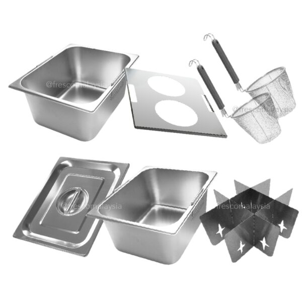 The Oden Noodle Boiler Gas Machine FR-2M-15 kitchen set includes two stainless steel pans with lids, a perforated divider, two wire baskets with handles, and a dual burner holder, shown on a white background.