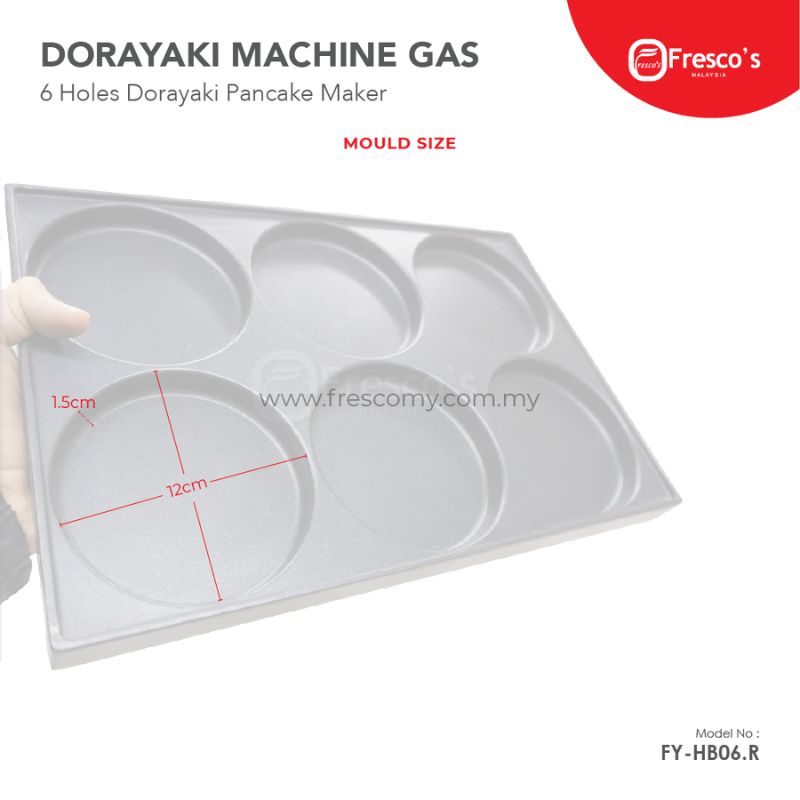 Image of the Dorayaki 6 Holes Waffle Machine Gas FR-HB06.R by Fresco, featuring six round molds (12cm diameter, 1.5cm depth) that beautifully function as both a dorayaki and waffle maker.