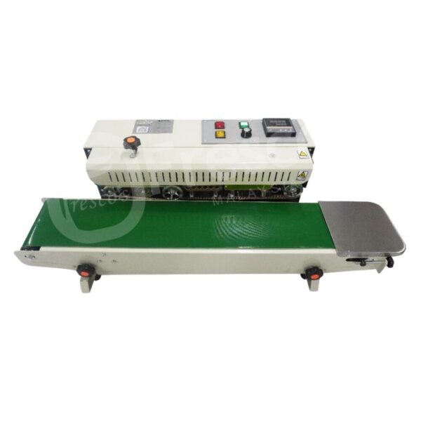 The Fresco Auto Sealing Machine FR900 is a continuous band sealer equipped with a green conveyor belt and an intuitive control panel, complete with buttons and indicators.