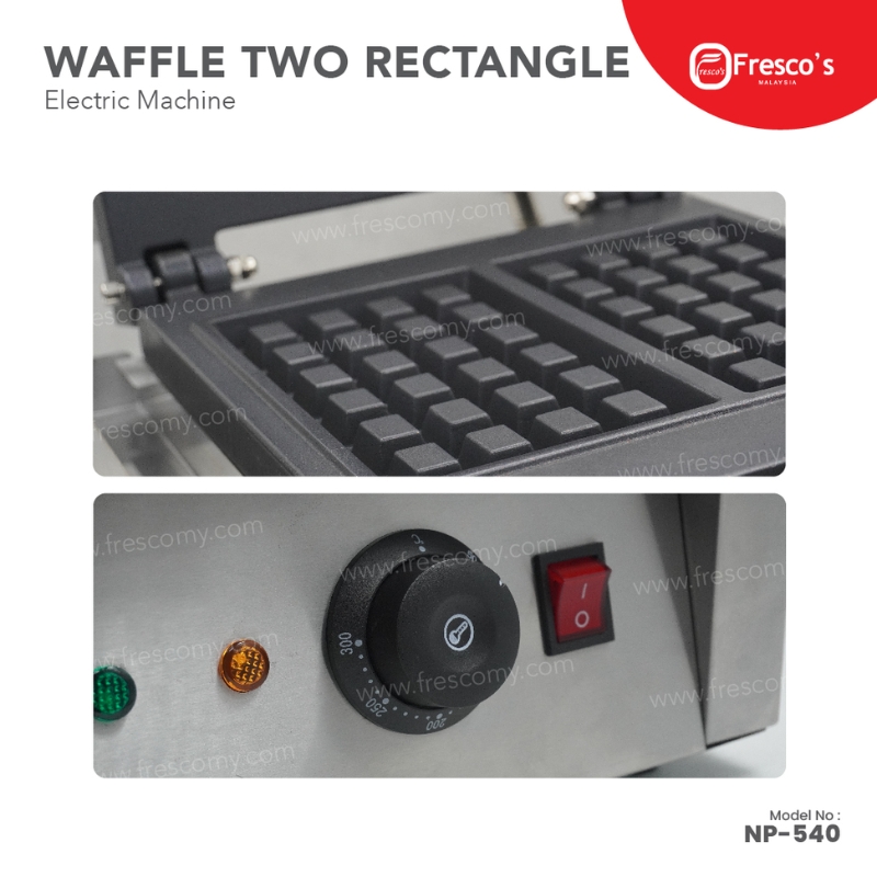The Waffle Two Rectangle Machine Electric FNP-537 features two rectangular plates, a control knob, power switch, and indicator lights for convenient operation.