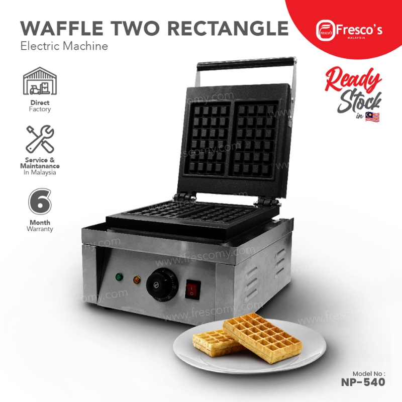 The Waffle Two Rectangle Machine Electric FNP-537, made of stainless steel, is shown with an open lid and visible waffle plates. Two rectangular waffles are placed in front, with product details and branding displayed around the image.