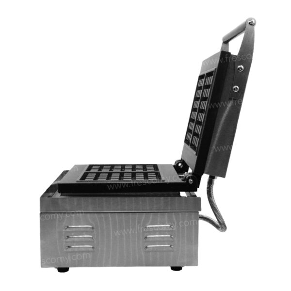 A side view of the Waffle Two Rectangle Machine Electric FNP-537, made of stainless steel, with its lid open to reveal the grid plates inside.