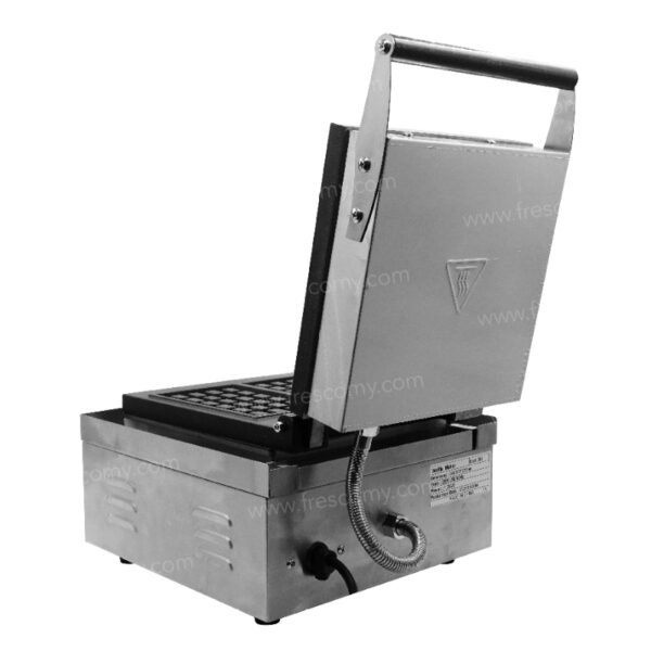 The Waffle Two Rectangle Machine Electric FNP-537 features a stainless steel body, raised handle, and partially open top lid showing the waffle grid. This electric waffle maker has a cord connected to the back.