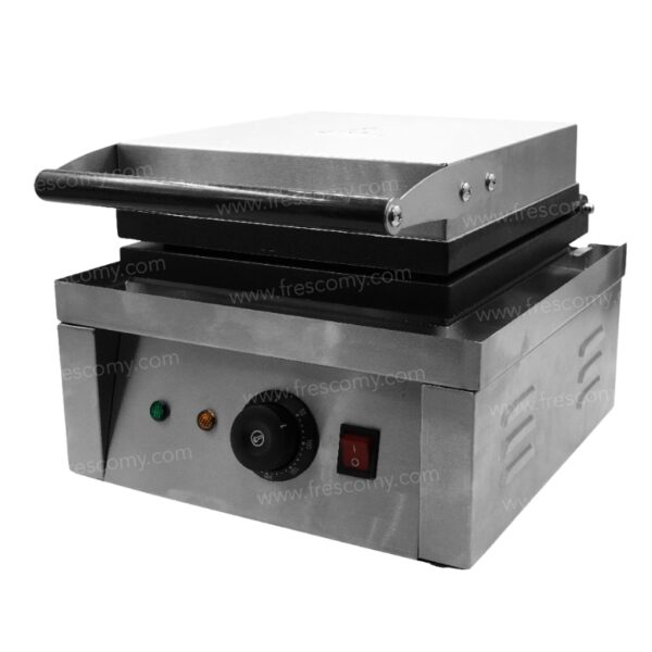 The Waffle Two Rectangle Machine Electric FNP-537 is a stainless steel commercial sandwich press with a hinged top plate, control knob, indicator lights, and power switch—perfect as an electric waffle maker or panini grill.