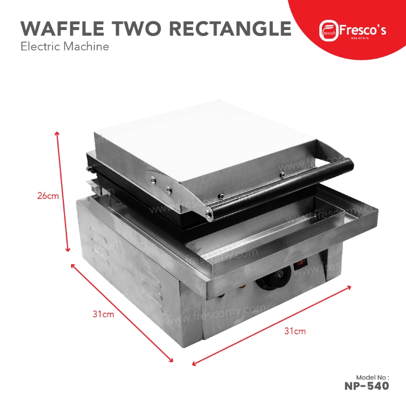 The Waffle Two Rectangle Machine Electric FNP-537 features two rectangular plates (31cm x 31cm x 26cm), made of stainless steel for even baking and delicious waffles every time.