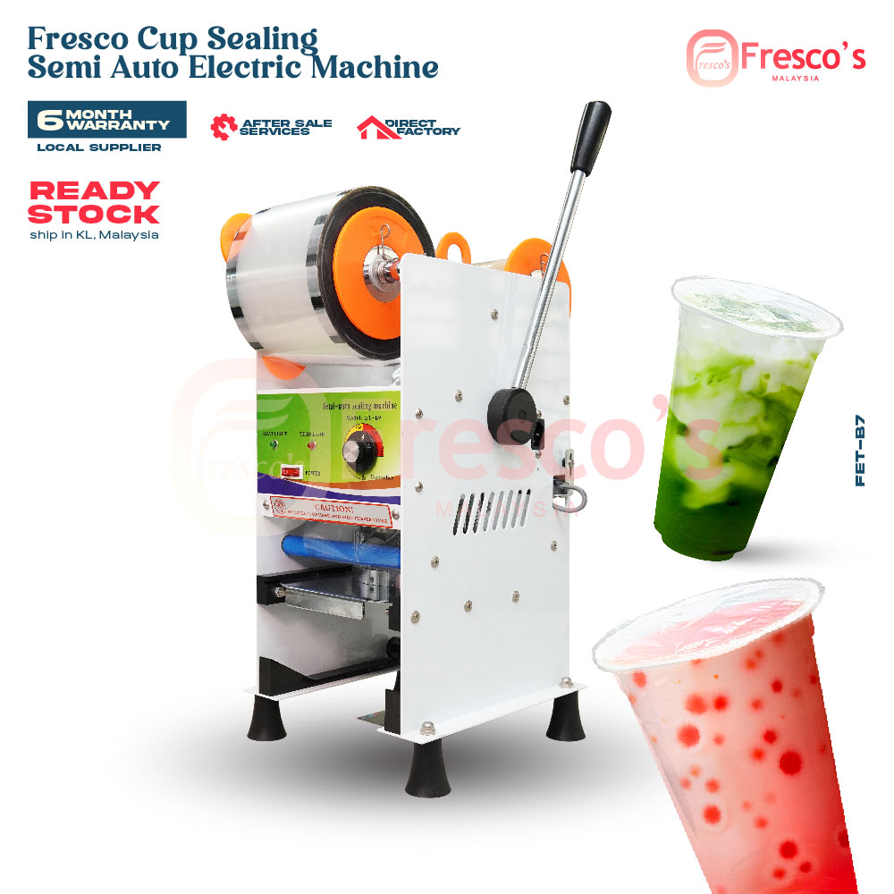 A Semi Auto Cup Sealing Machine FET-B7 with a sealing lever is displayed beside two bubble tea cups—one featuring red pearls and the other with green jelly.