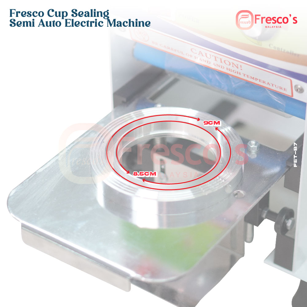 A Semi Auto Cup Sealing Machine FET-B7 with a close-up of the cup holder, highlighting 8.5 cm and 9 cm diameter measurements.