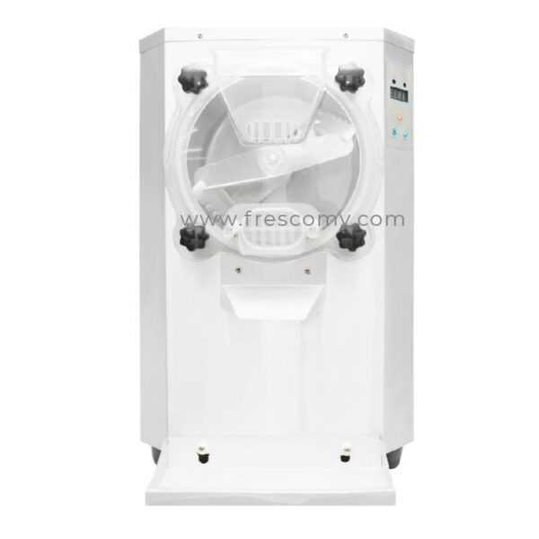 Explore the Hard Ice Cream Machine 8L 2P FMK-10, a white commercial unit with a transparent front lid, side control panel, and handy catch tray below. Ideal for effortlessly creating delicious frozen treats.