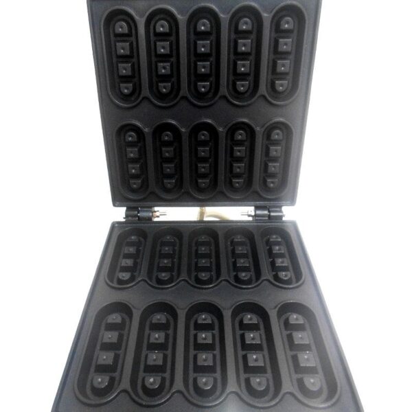 The Waffle Finger Maker Machine Electric FNP-513 is a black appliance with open plates featuring several elongated, oval-shaped molds for baking delicious waffle fingers.
