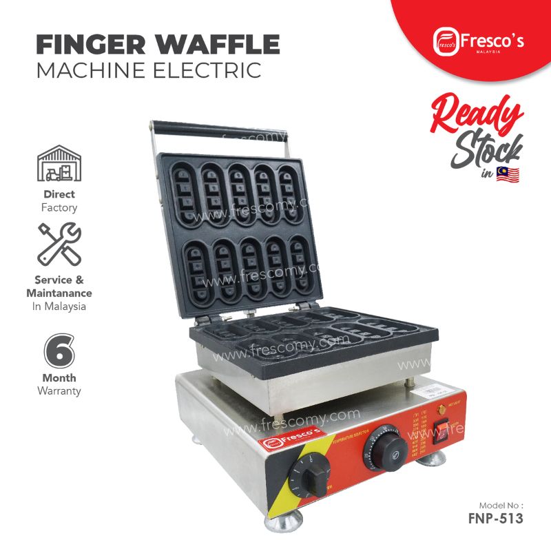 The Waffle Finger Maker Machine Electric FNP-513 features an open grill, manual control knob, and branding details; labeled under Fresco's.