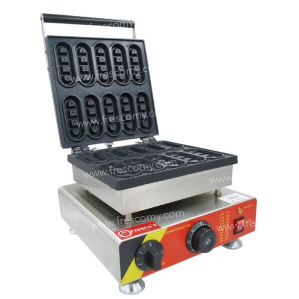 The Waffle Finger Maker Machine Electric FNP-513 is a stainless steel appliance with an open lid, letting you make multiple stick waffles at once. Its control panel includes a knob and indicator lights for simple operation.