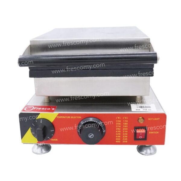 The Waffle Finger Maker Machine Electric FNP-513 is a stainless steel commercial sandwich press and electric waffle maker, featuring temperature and timer dials, a power switch, and a red Fresco label on its control panel.