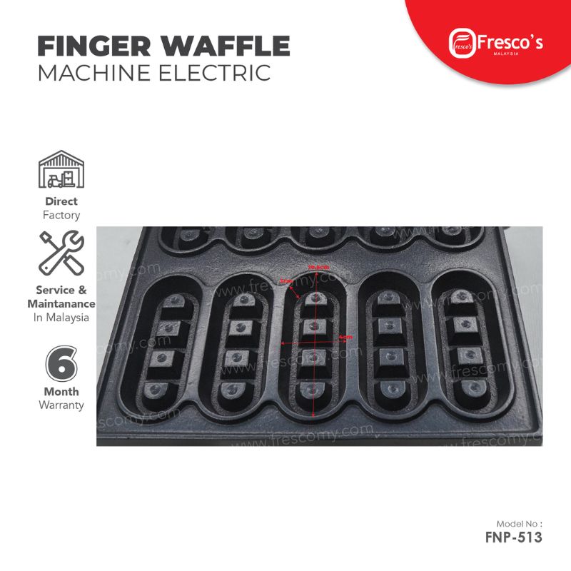 Close-up of the Waffle Finger Maker Machine Electric FNP-513 mold, showing its waffle finger compartments. On-screen text lists warranty, service details, factory info, and model number for reference.