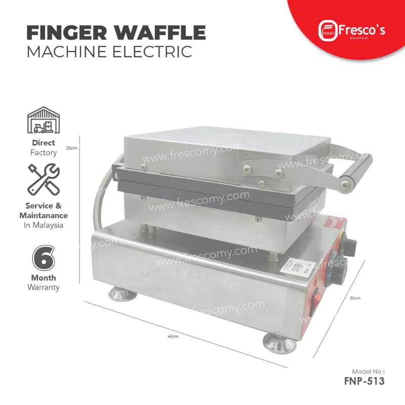 The Waffle Finger Maker Machine Electric FNP-513 features a closed lid, is directly sourced from the factory, comes with service in Malaysia and a 6-month warranty—a reliable choice for your business needs.