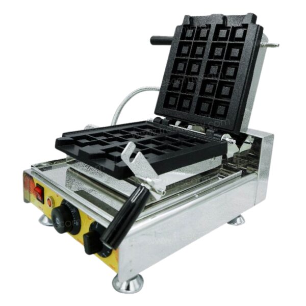 The Waffle Cube Chocolate Machine FNP-81 is a stainless steel electric waffle maker with an open nonstick grid plate and front control knobs—ideal for crafting delicious Waffle Cube treats.