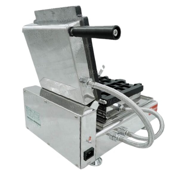 A Waffle Cube Chocolate Machine FNP-81 made of stainless steel features a black handle, open lid, visible power cord, and heating plates.