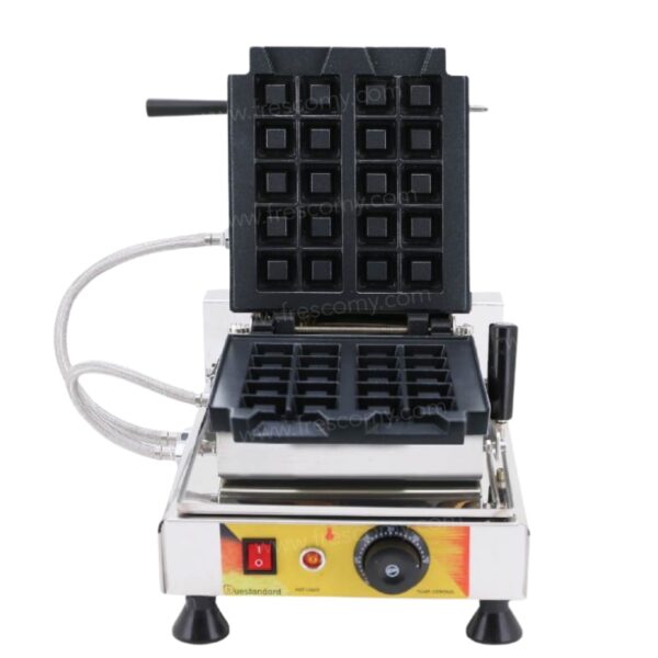 The Waffle Cube Chocolate Machine FNP-81 features a stainless steel body, black rectangular grid plate, temperature control dial, power switch, attached hoses, and an open top lid that reveals unique waffle slots.