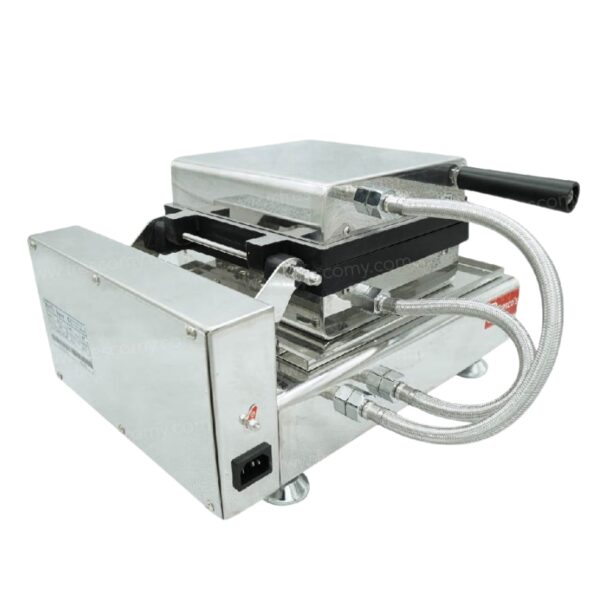 The Waffle Cube Chocolate Machine FNP-81 features stainless steel construction, a black handle, insulated cables, and a power switch—perfect for pressing or sealing materials in chocolate or waffle cube production.