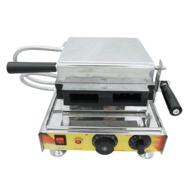 The Waffle Cube Chocolate Machine FNP-81 is a stainless steel, front-view commercial waffle maker featuring black handles, a control dial, switches, and two slots for making Waffle Cubes.