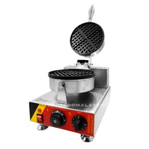The Waffle Round Single Head Machine Electric FNP-599 FR-1 features an open circular grid, front control knobs, and indicator lights—perfect for efficient commercial waffle production.