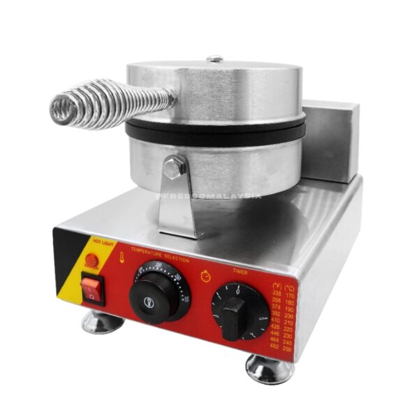 The Waffle Round Single Head Machine Electric FNP-599 FR-1 is a stainless steel waffle maker with temperature and timer controls, indicator lights, and a coiled top handle.