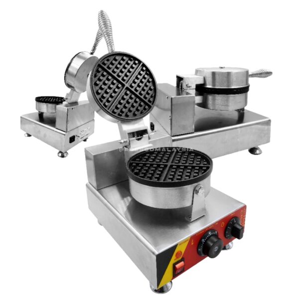 The Waffle Round Single Head Machine Electric FNP-599 FR-1 is a commercial stainless steel unit with multiple round waffle plates and front control knobs, perfect for busy kitchens needing reliable, consistent waffle results.
