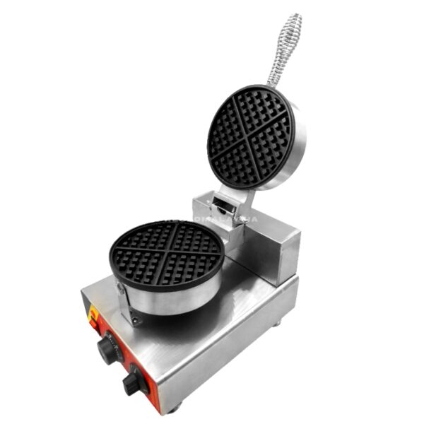 The Waffle Round Single Head Machine Electric FNP-599 FR-1 features a stainless steel body, round open waffle plate, and front control knobs for easy operation.