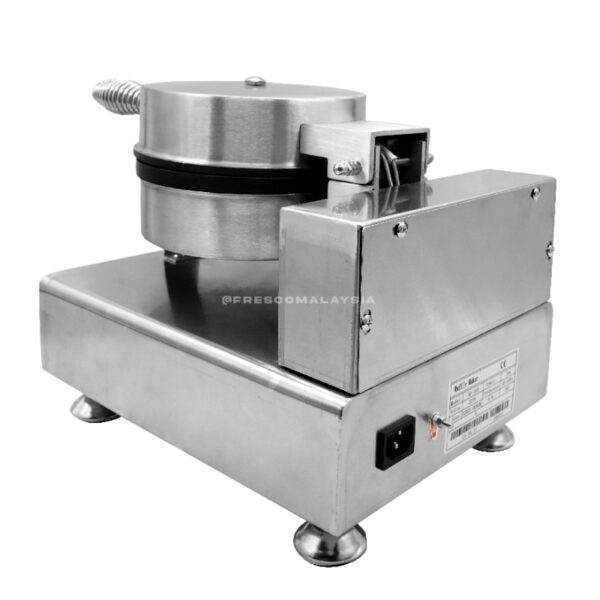 The Waffle Round Single Head Machine Electric FNP-599 FR-1 is a stainless steel commercial waffle maker featuring a power switch, round press, and sturdy base, shown against a white background.
