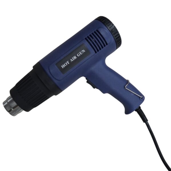 The Desk Top Shrink Wrapping Manual Heat Packaging Machine FSKA450 is an electric hot air gun in blue with a black nozzle and trigger handle, designed for use with shrink wrapping or as a heat packaging machine tool.
