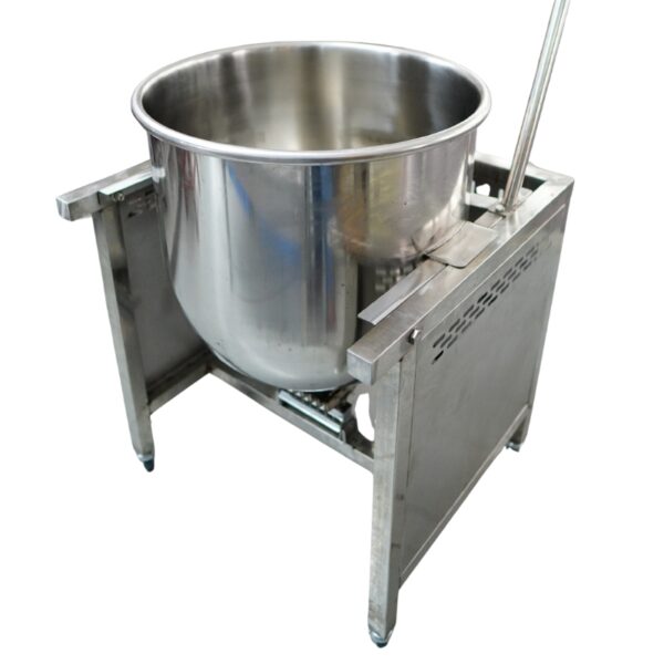 Large stainless steel mixing bowl with stand and metal stirring rod, designed for use with the Popcorn Machine Gas Commercial 32oz Manual HX-PM03.