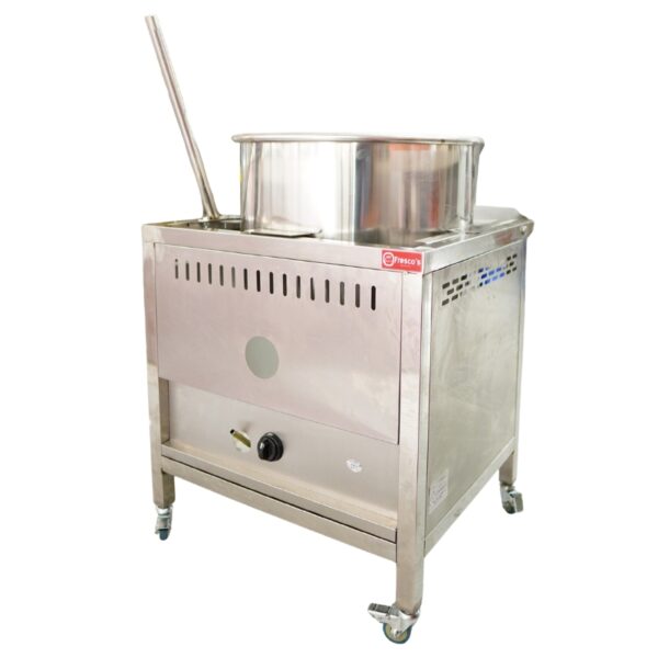 The Popcorn Machine Gas Commercial 32oz Manual HX-PM03 features a large pot, control knob, and wheels for mobility—ideal for high-capacity popcorn making in commercial settings.
