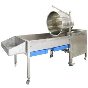 The HX-PM03 Popcorn Machine Gas Commercial 32oz Manual features a stainless steel rotating drum, worktable, and two blue storage bins on wheels—perfect for high-volume 32oz popcorn production.