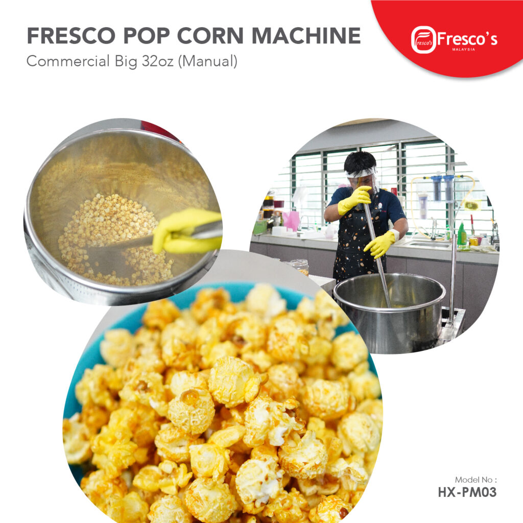 A person makes popcorn with the Popcorn Machine Gas Commercial 32oz Manual HX-PM03; close-up shots show popcorn being stirred in the machine and the finished result.