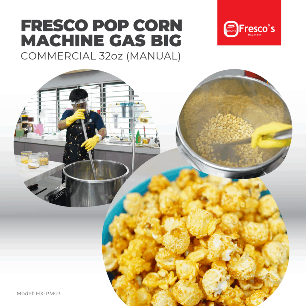 A person uses the Popcorn Machine Gas Commercial 32oz Manual HX-PM03 in a busy kitchen—close-ups show freshly popped, coated popcorn filling 32oz metal bowls, highlighting rich flavor and vibrant branding.
