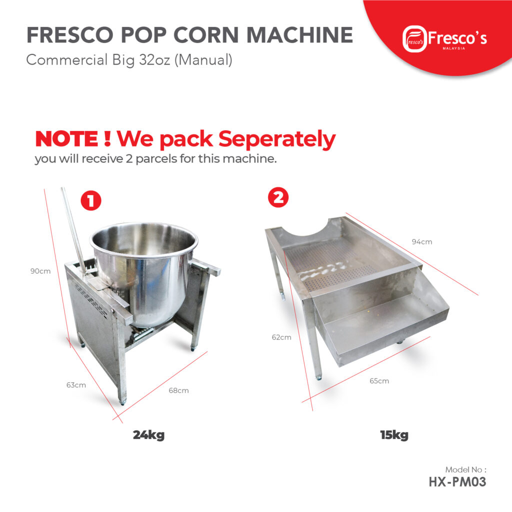 Two stainless steel parts of the Popcorn Machine Gas Commercial 32oz Manual HX-PM03 are shown with measurements and weights; note that they are packed and shipped separately.