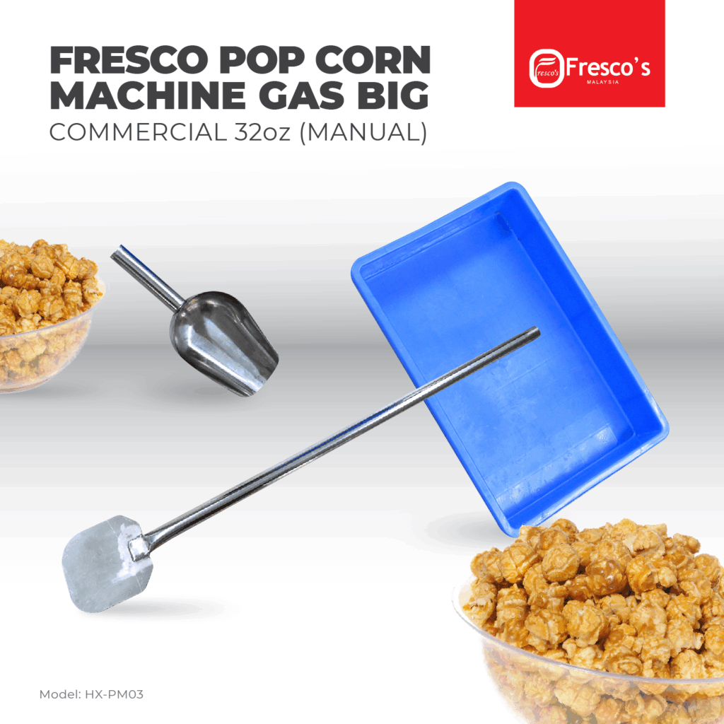 The Popcorn Machine Gas Commercial 32oz Manual HX-PM03 tools set includes a metal scoop, long-handled stirrer, and a blue tray with Fresco’s caramel popcorn—ideal for your 32oz batch needs.