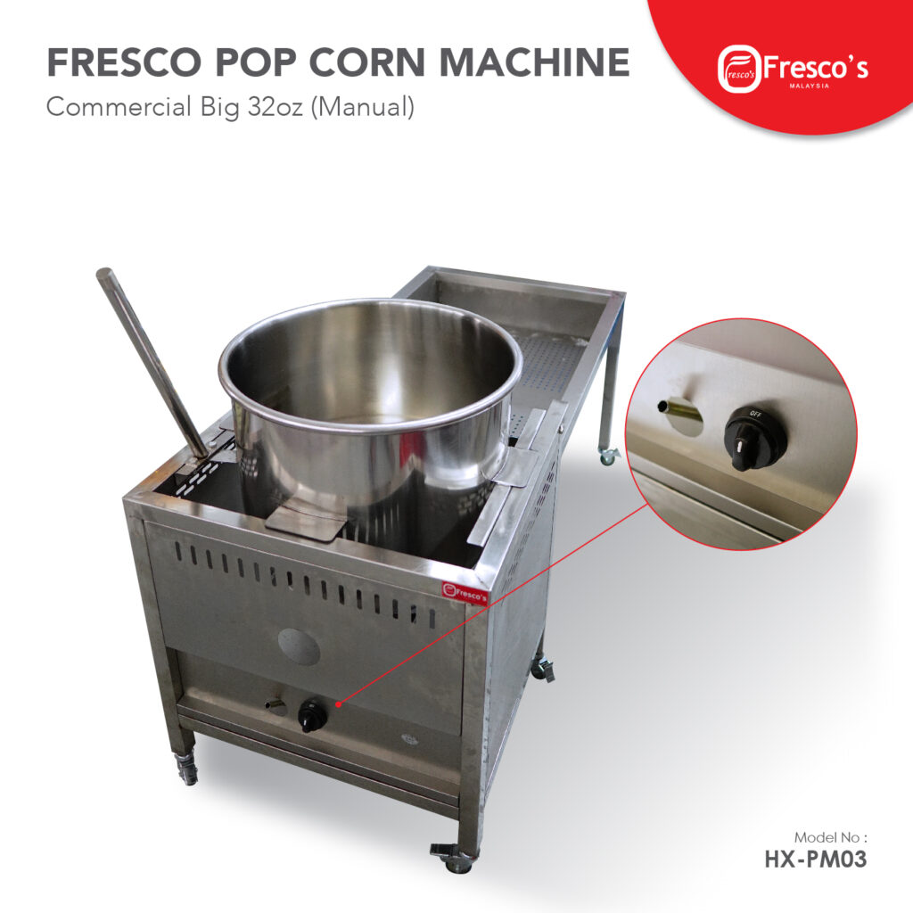 The Popcorn Machine Gas Commercial 32oz Manual HX-PM03 is a large stainless steel, gas-powered unit with a control knob, mounted on four wheels for easy mobility—ideal for commercial use.