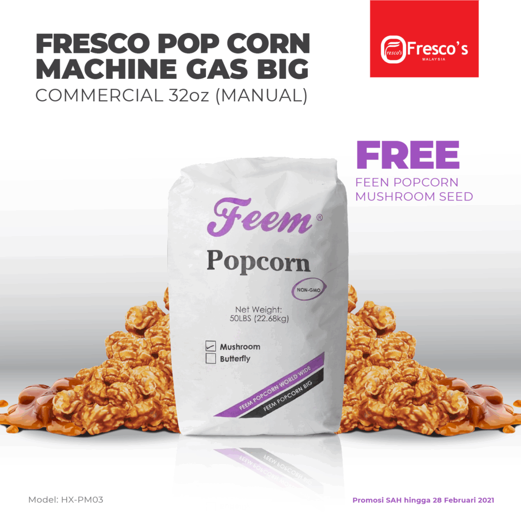 A 50lb bag of Feem Popcorn sits before caramel popcorn, advertising the Popcorn Machine Gas Commercial 32oz Manual HX-PM03 and a free mushroom popcorn seed offer.