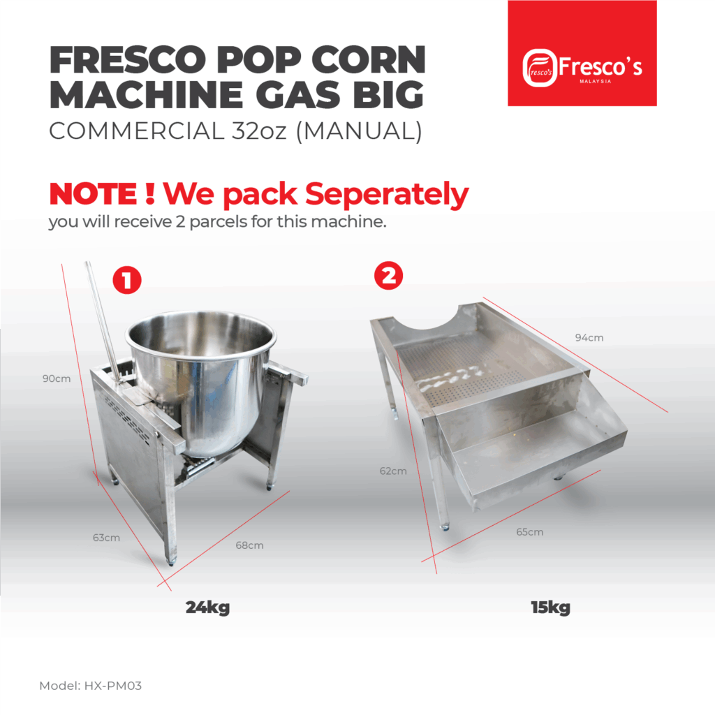 Two components of the Popcorn Machine Gas Commercial 32oz Manual HX-PM03 are shown: a 24kg metal kettle and a 15kg metal base with specified dimensions. Both parts are packaged separately.