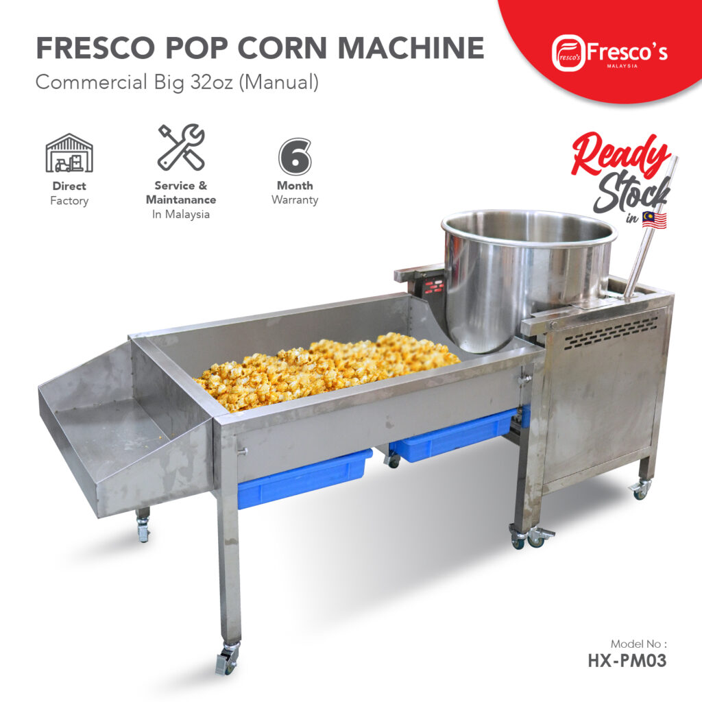The Popcorn Machine Gas Commercial 32oz Manual HX-PM03 features a stainless steel mixing bowl, popcorn tray, wheels, and blue storage bins—ideal for commercial popcorn production.