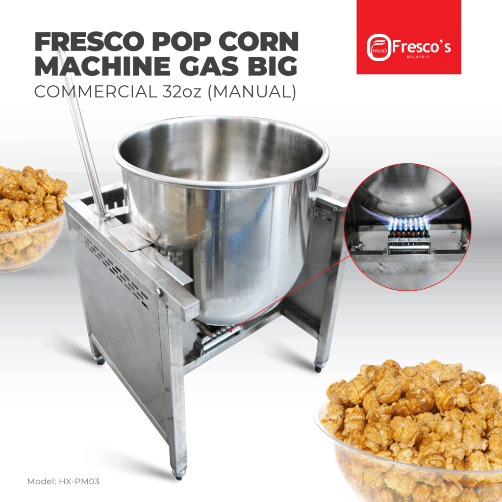 The Fresco Popcorn Machine Gas Commercial 32oz Manual HX-PM03, a large stainless steel model with a gas burner, is filled with popcorn. Nearby are bowls of caramel popcorn, and product details are clearly displayed.