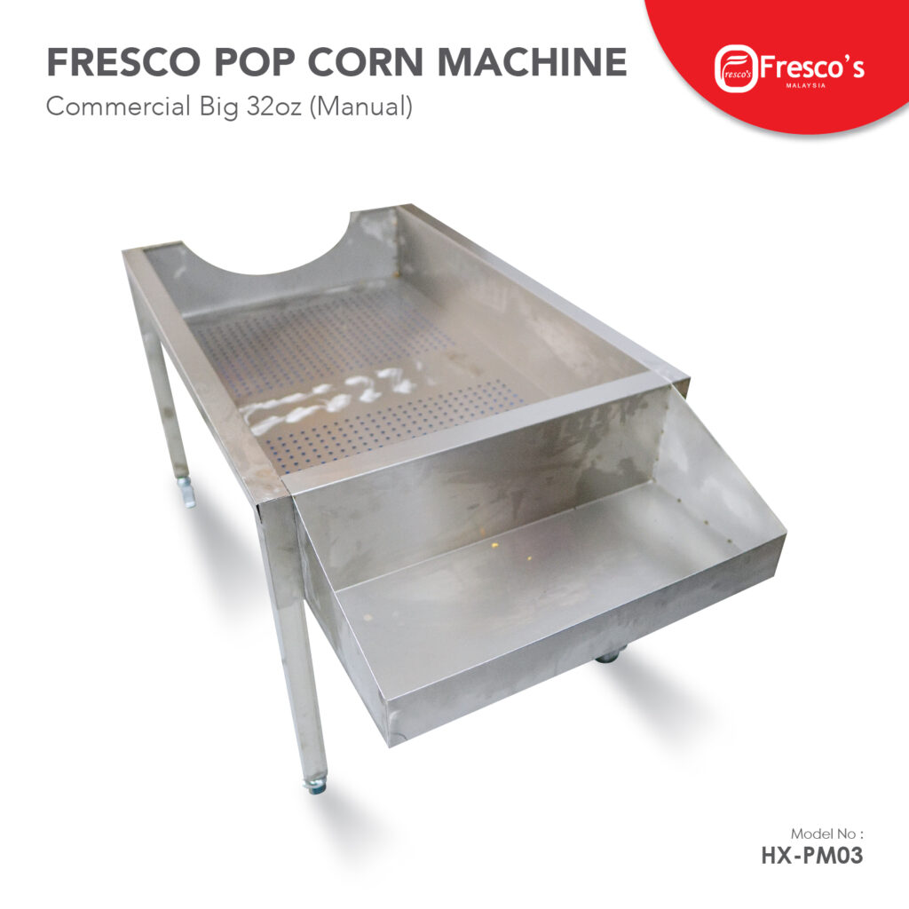 The Popcorn Machine Gas Commercial 32oz Manual HX-PM03 is a high-capacity stainless steel popcorn maker with a perforated tray and collection bin, ideal for busy commercial settings.