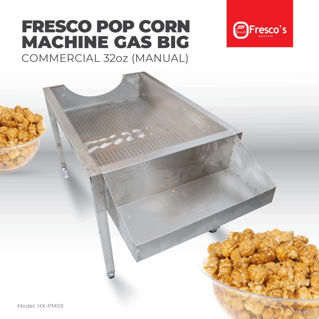 The Popcorn Machine Gas Commercial 32oz Manual HX-PM03 by Fresco is shown with caramel popcorn bowls. The stainless steel unit has a perforated tray, and both the branding and model number are visible.